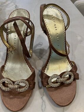 Martinez Valero Bronze Satin Heeled Sandals with Crystal and gold Link